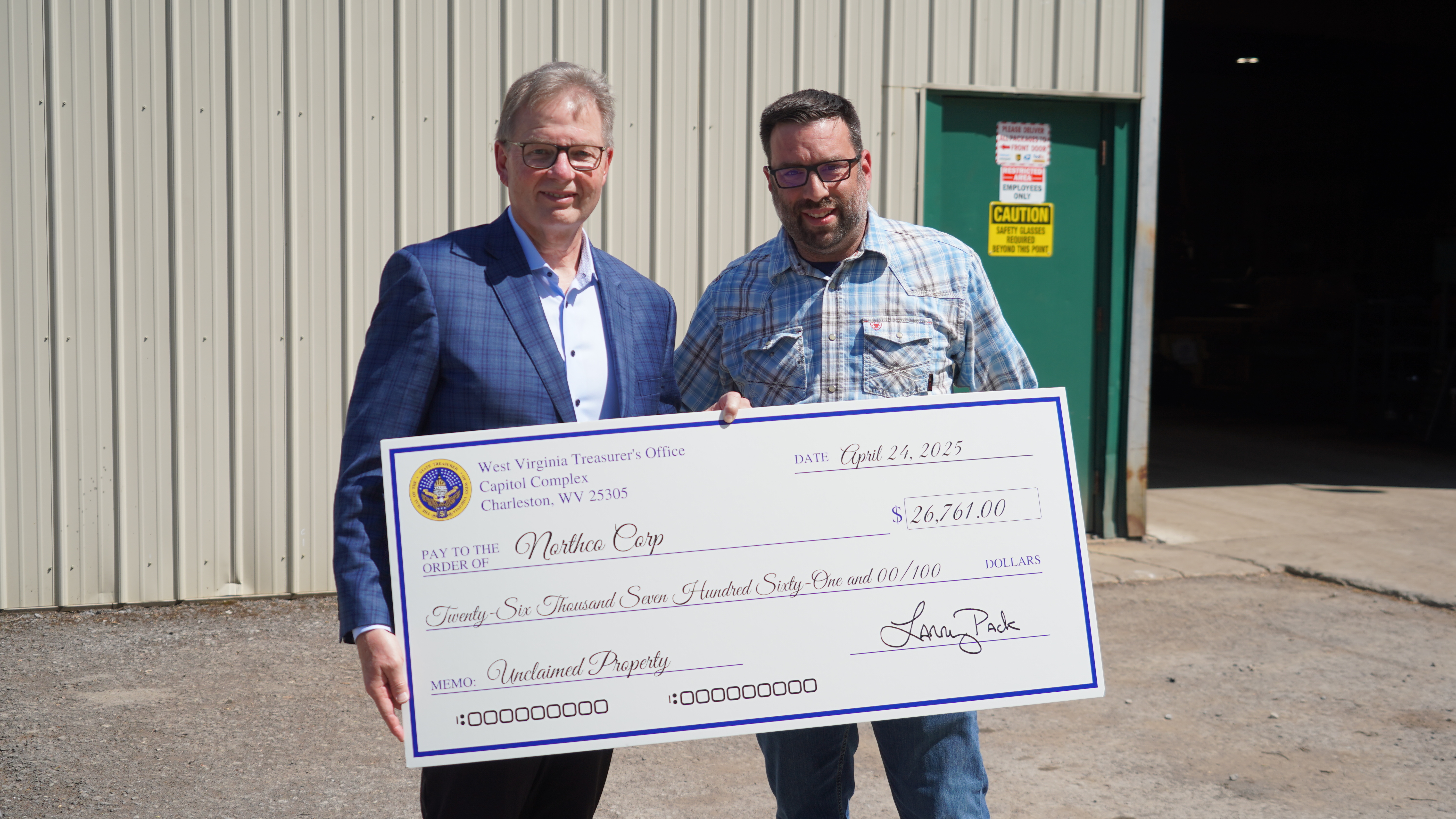 Treasurer Pack Returns Unclaimed Property Check Worth More Than $26,000 to Northco Corp in Morgantown
