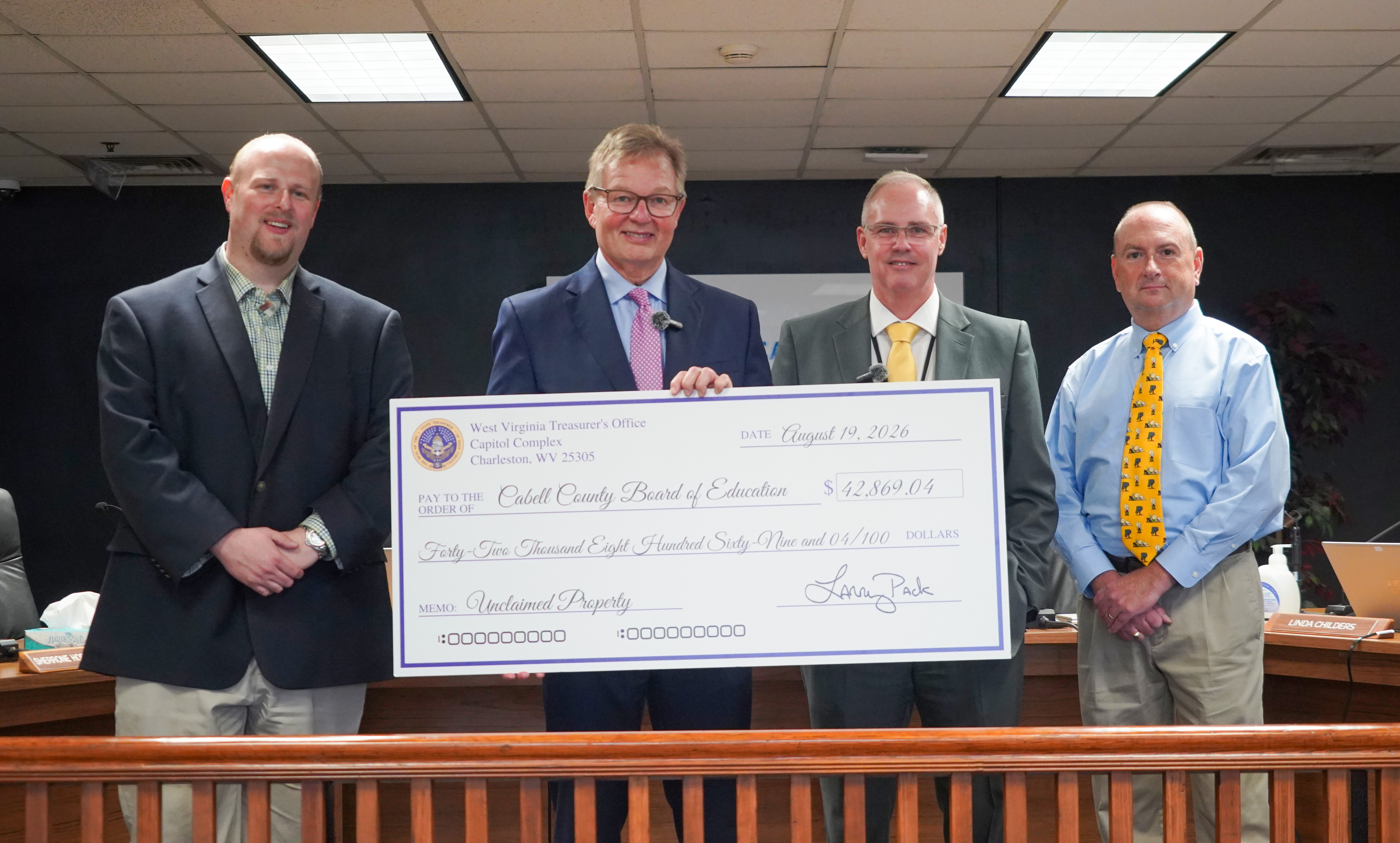 Treasurer Pack Returns More Than $42,000 in Unclaimed Property Funds to Cabell County Board of Education