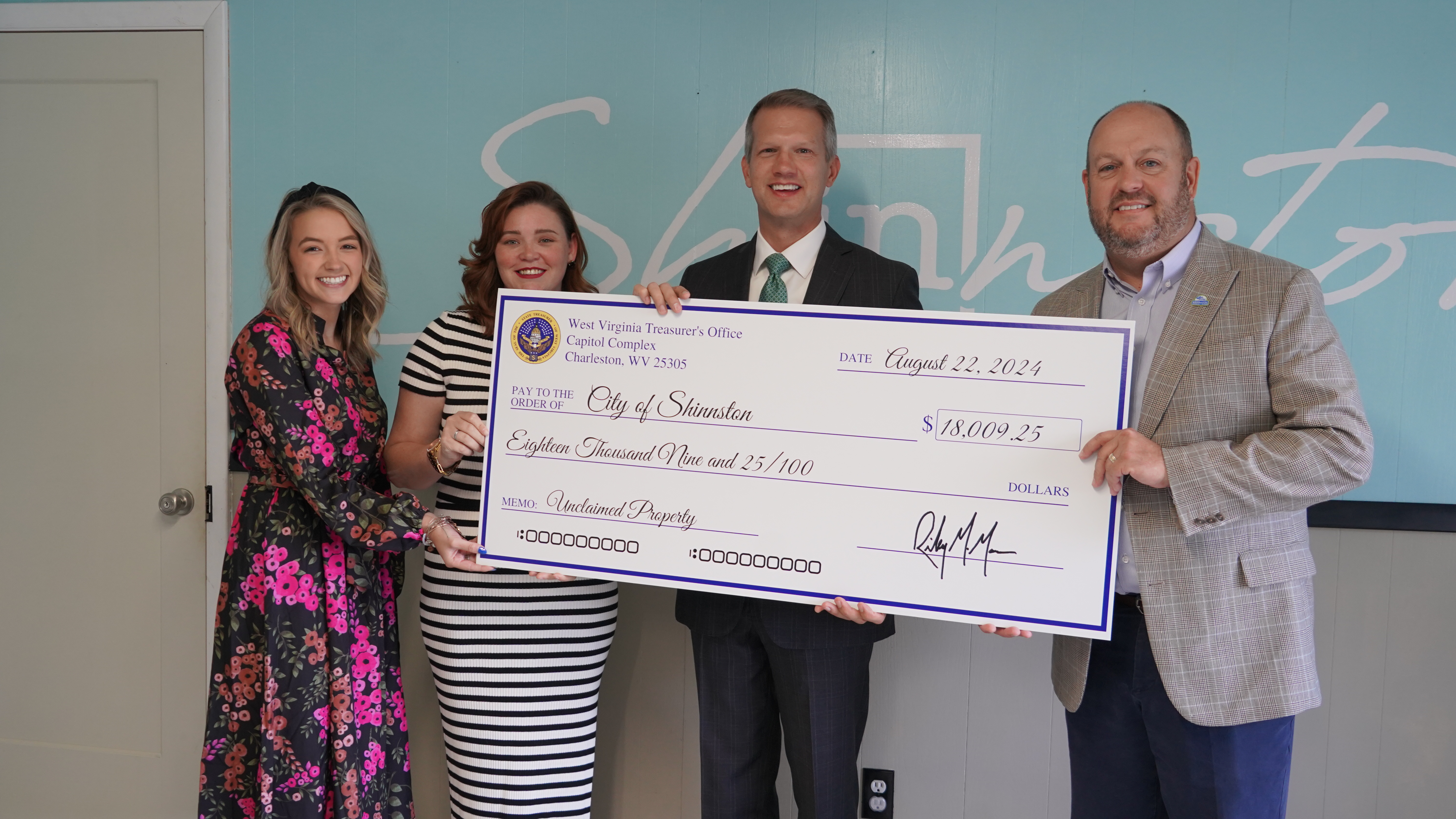 Treasurer Moore Presents Unclaimed Property Check Worth More Than $18,000 to City of Shinnston