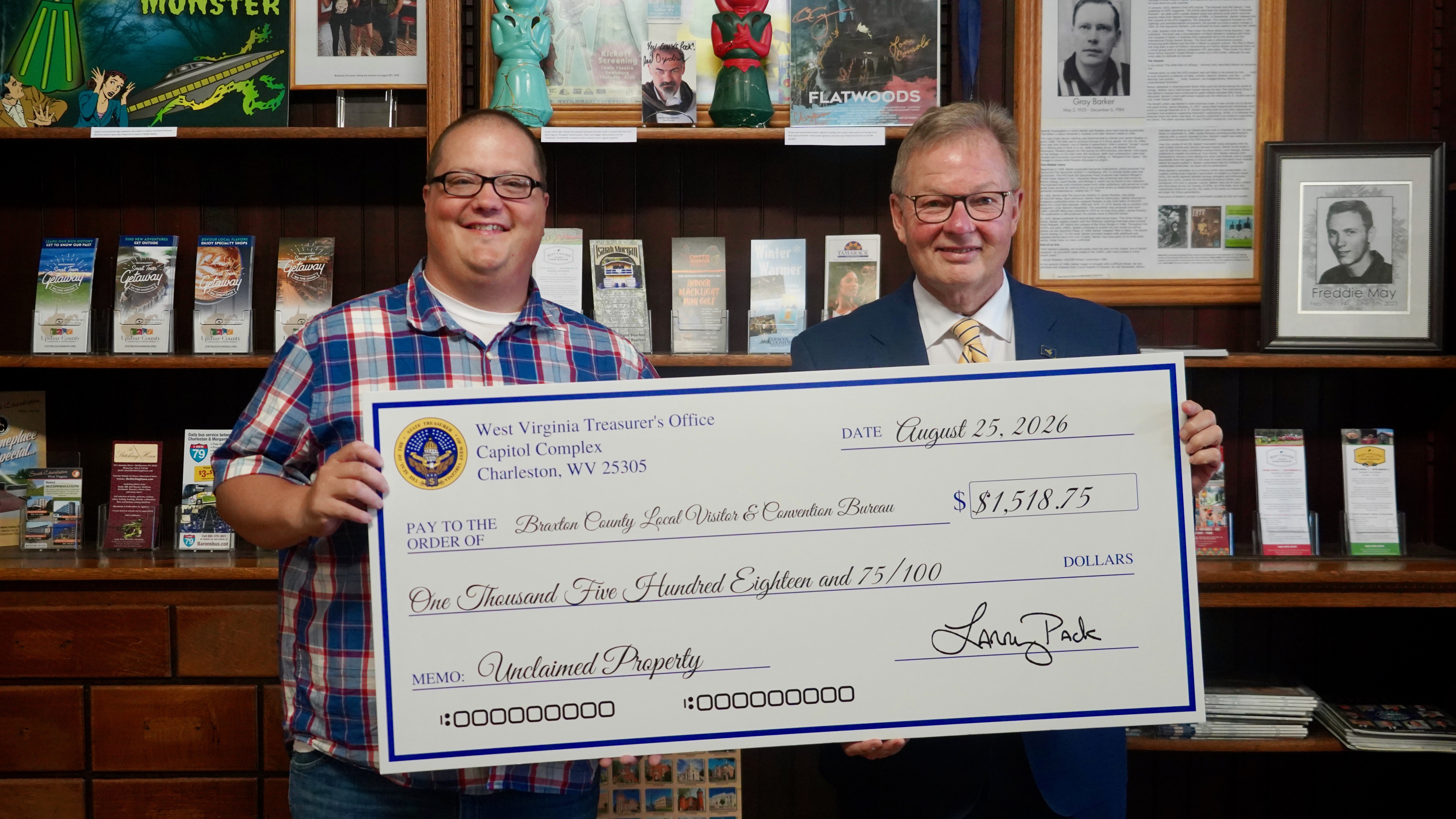 Treasurer Pack Returns More Than $1,500 in Unclaimed Property Funds to Braxton County CVB