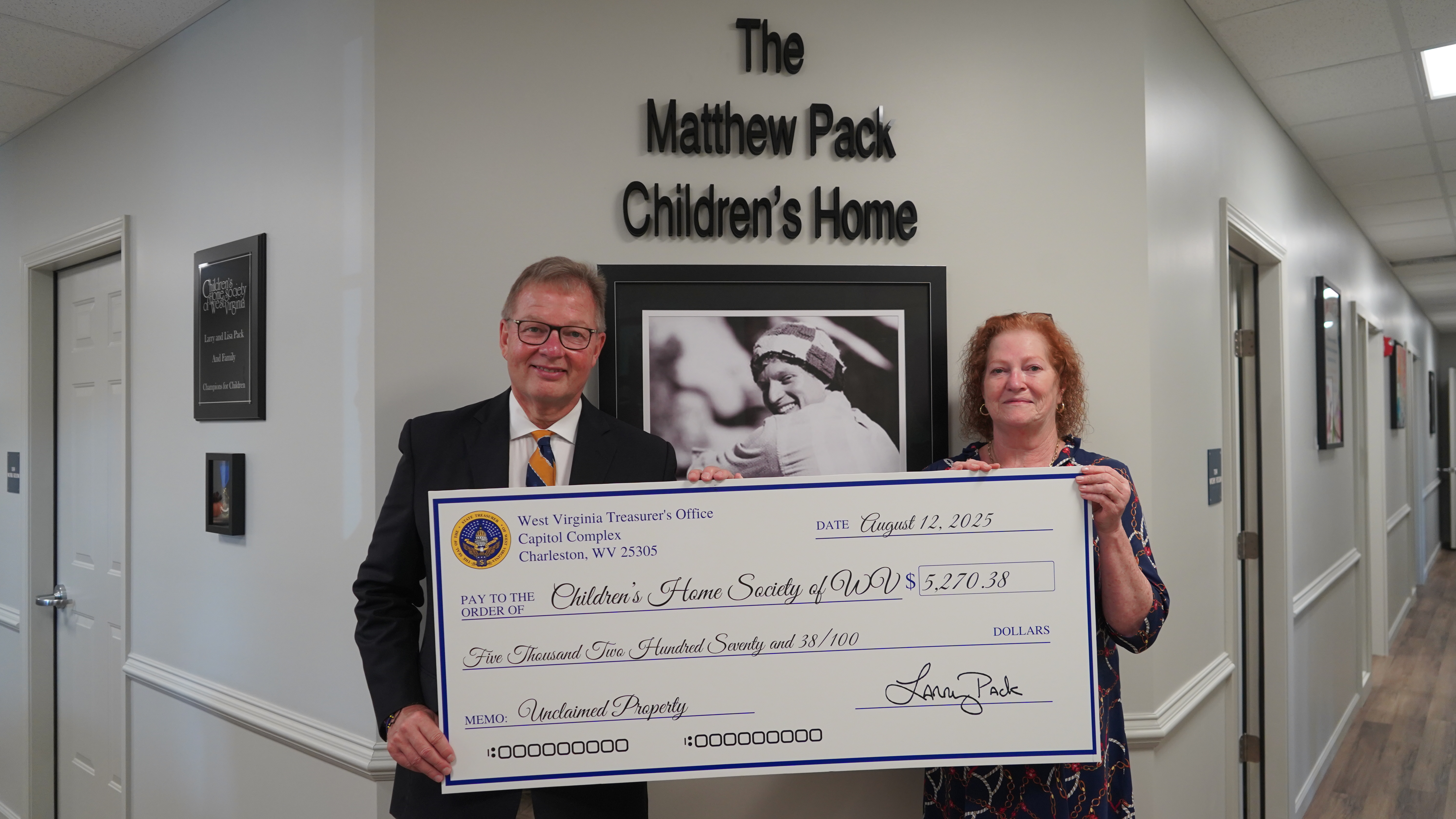 Treasurer Pack Returns More Than $5,000 in Unclaimed Property to Children’s Home Society of West Virginia