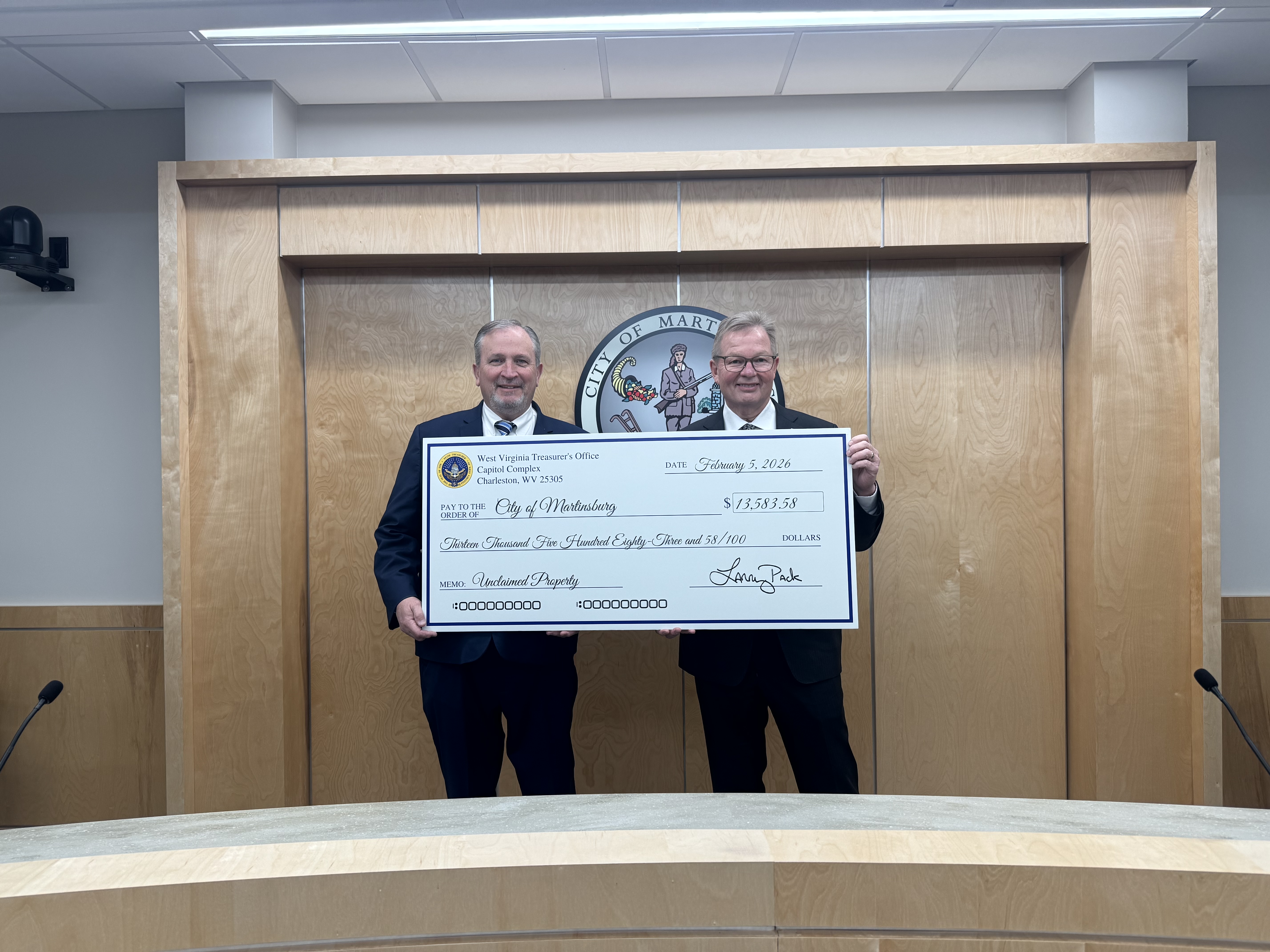 Treasurer Pack Returns More Than $13,000 in Unclaimed Property Funds to City of Martinsburg