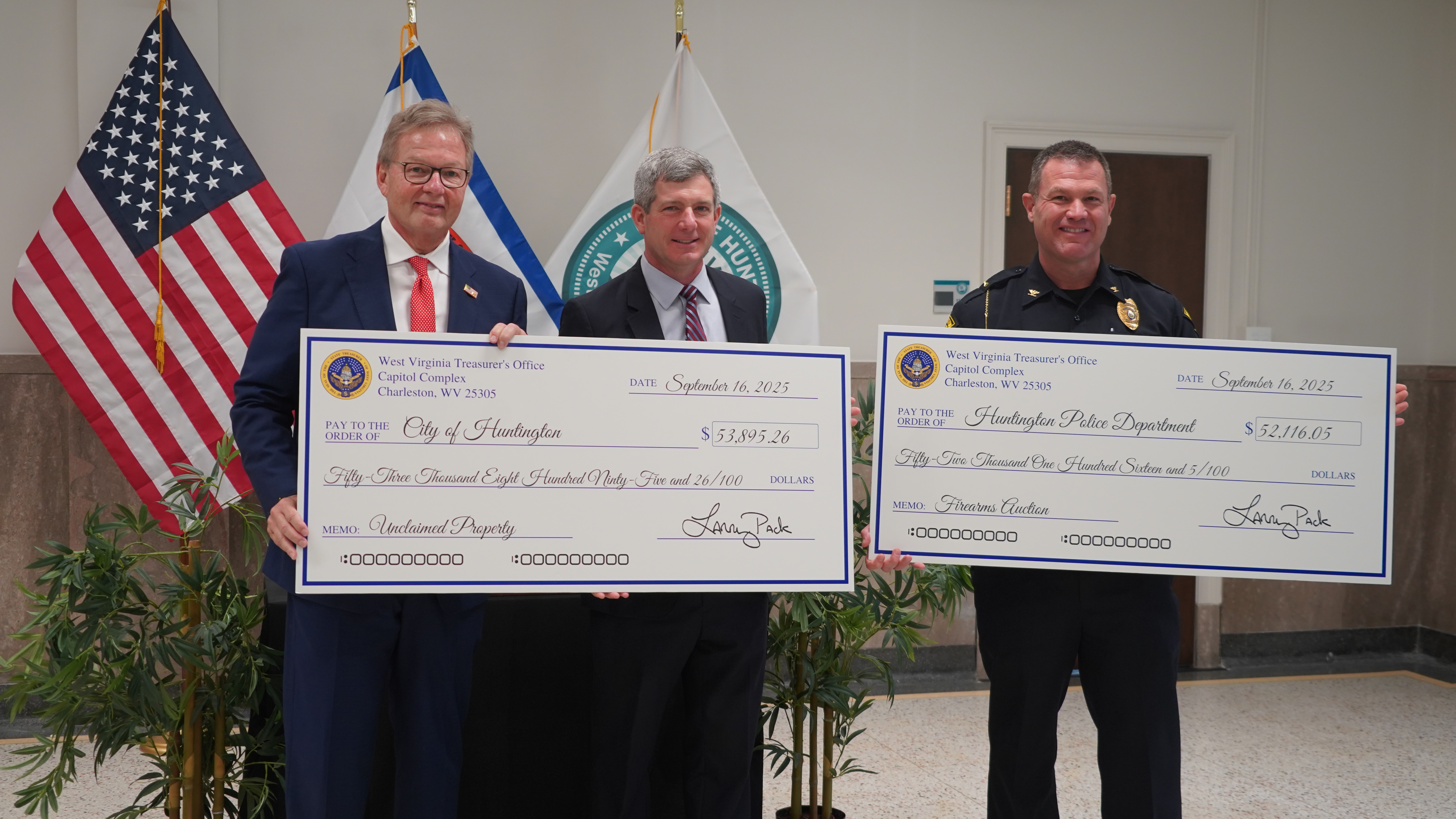 Treasurer Pack Returns More Than $100,000 in Unclaimed Property to City of Huntington and Huntington Police Department During “Treasury Day”